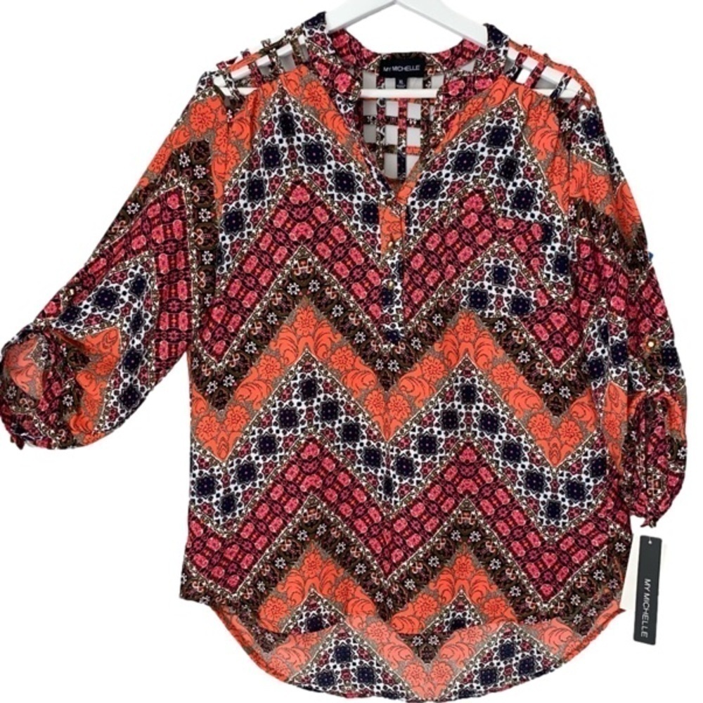 MY MICHELLE Tunic High Low Lattice Detail Orange Black Pink Women Size XL NWT